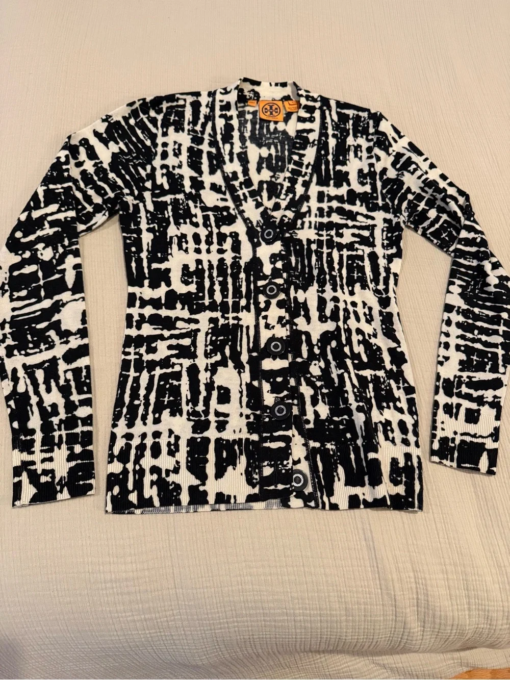 Tory Burch Black and Cream Patterned Button-Front Cardigan